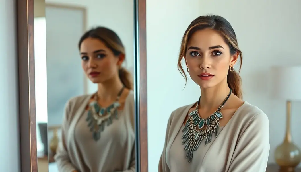 A young woman balances her look by pairing a statement necklace with a simple outfit.