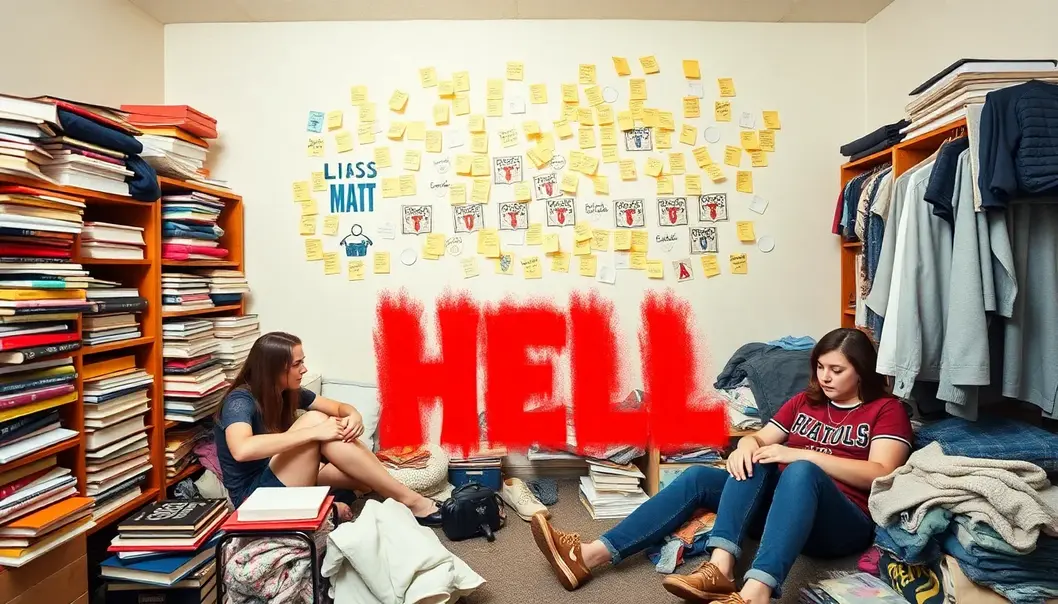 Students in a dorm room with books, laundry piles, and a wall of notes; a scene reflecting dorm life.