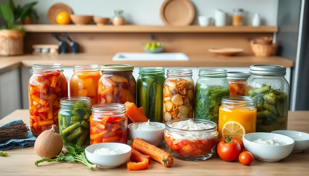 A table with jars and bowls of colorful fermented foods in a kitchen setting.