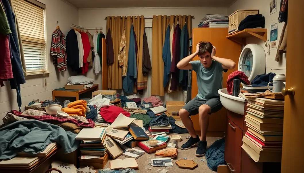 A chaotic dorm room exemplifies the challenges of living with untidy flatmates.