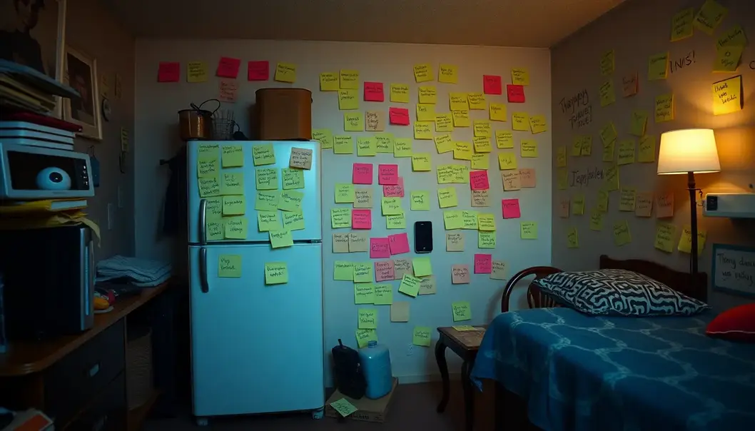 A chaotic dorm room exemplifies the challenges of living with untidy flatmates.